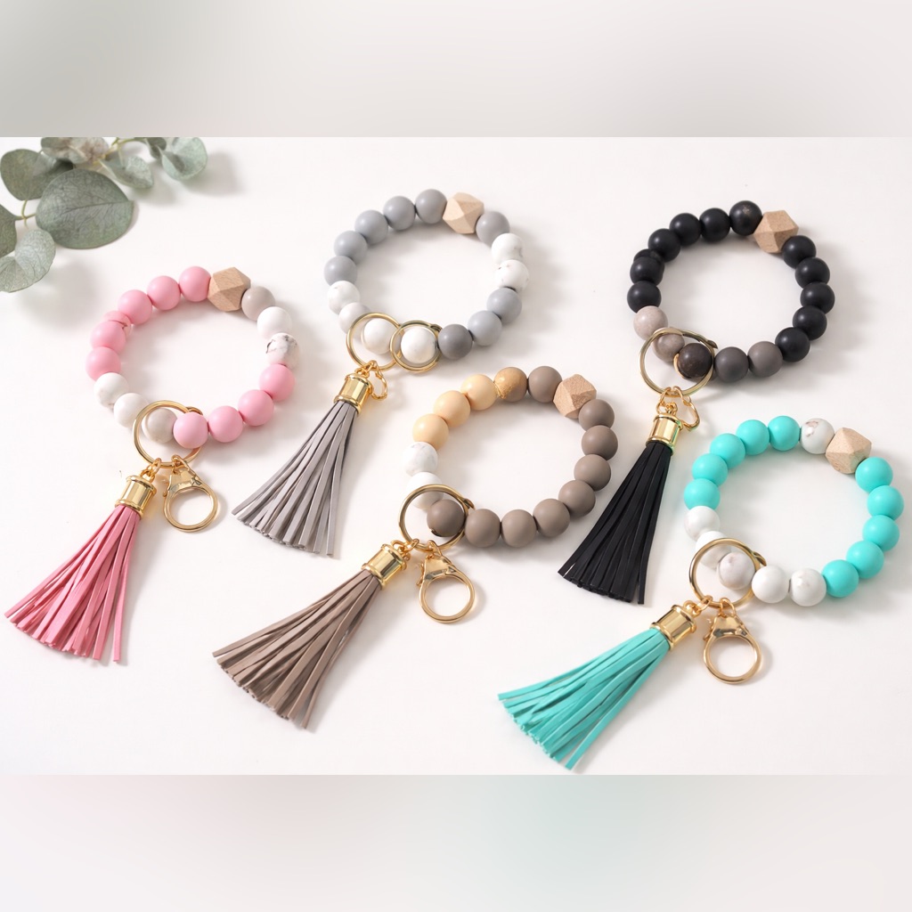 Beaded Keychain Bracelet Wristlet W Tassel  Stretch Silicone  Boutique Gift